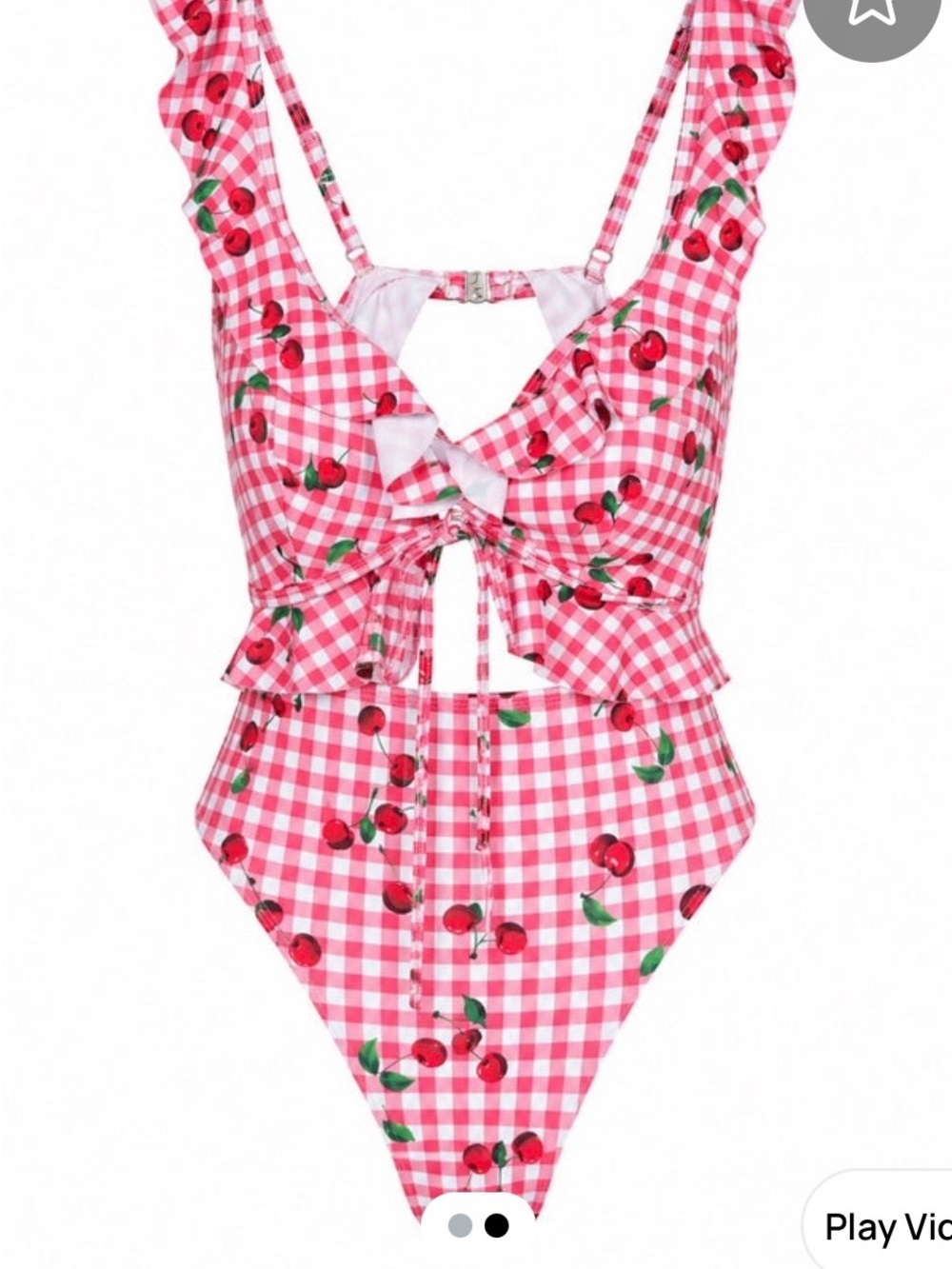 Women Pink Gingham Cherry One-Piece Swimsuit with Ruffle Detail